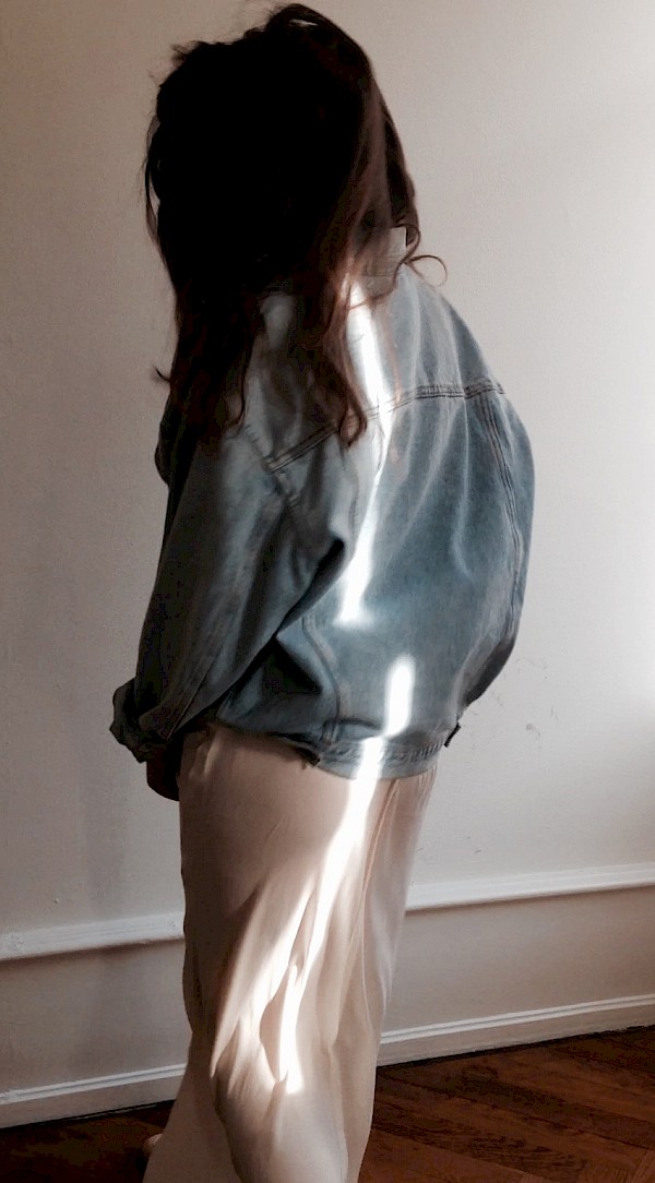 Sashi: T Alexander Wang silk maxi dress, vintage Hugo Boss denim Jeans jacket oversized
