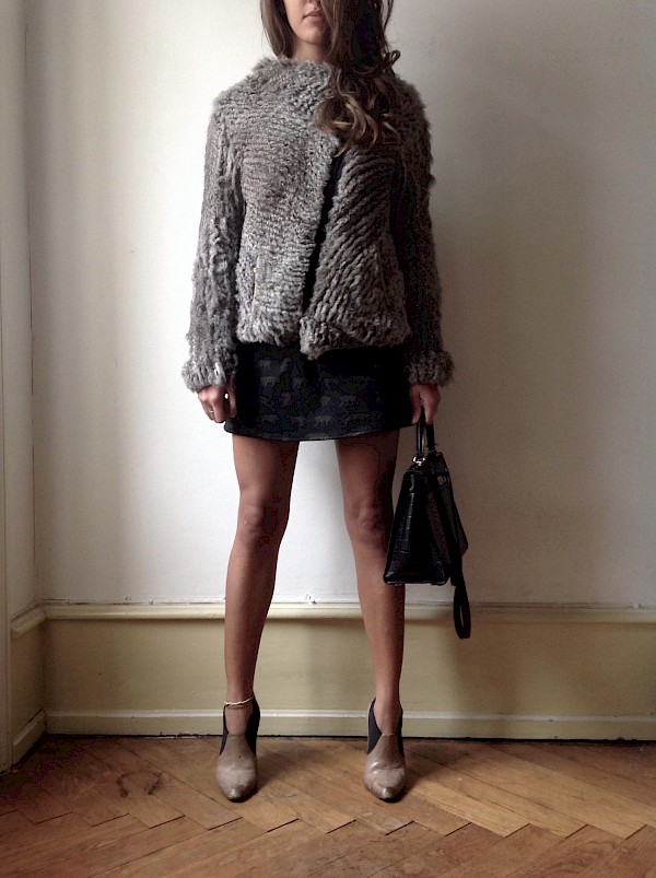 Helmut Lang rabbit fur knit asymmetrical Coat KENZO safari skirt vintage Louboutins ankle boots taupe Kelly '32