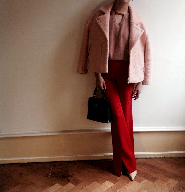 Boucle wool coat salmon motorcycle Red Amazone Made In France pants 90s supermodel Sonia Rykiel knit Old rosé nude