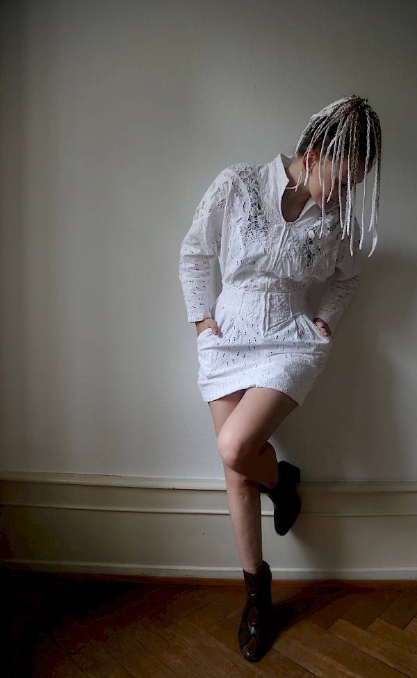 Beccy 90s all white dress dreads all white dove Isabel Marant 80s wedding bride rockstar